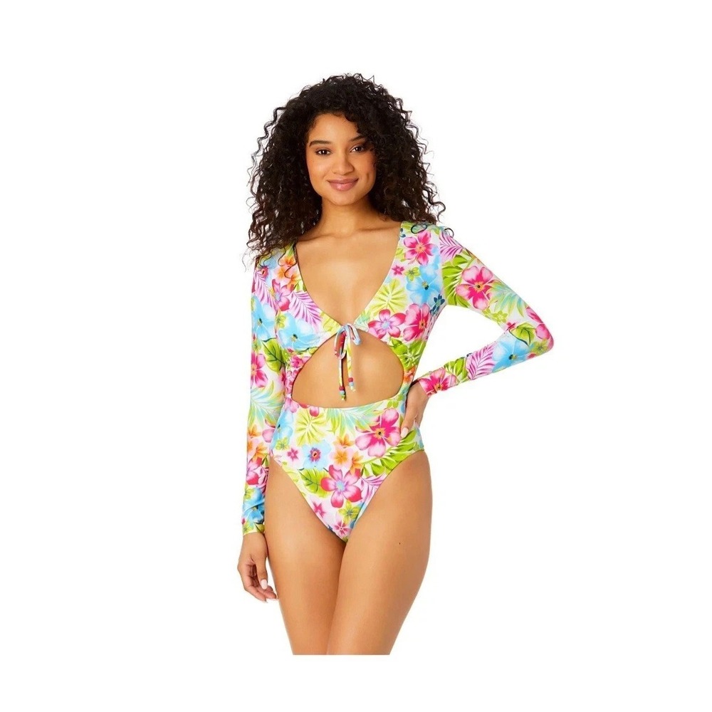 Celebrity Pink Swim Rashguard M (7-9)  Long‎ Sleeve Swimsuit Tie Front Tropical